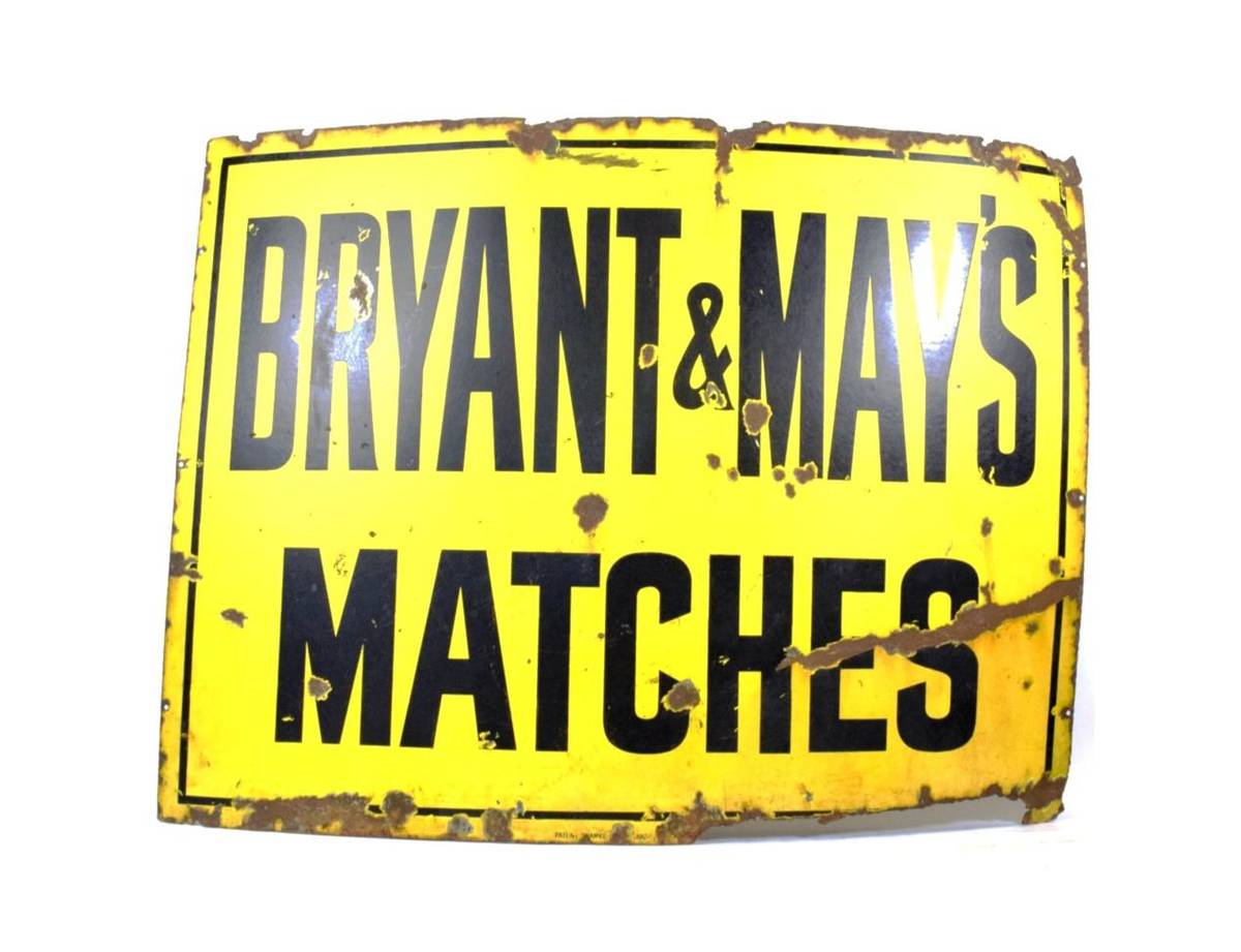 Lot 2094 - Enamel Advertising Sign Bryant & May's Matches  black lettering on yellow ground 48x36'',...