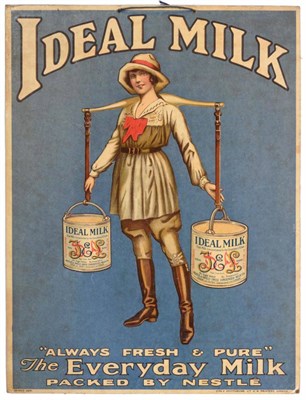 Lot 2095 - Ideal Milk Advertising Card depicting a dairy girl carrying two Ideal Milk containers on a shoulder