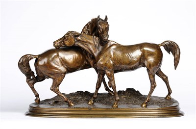 Lot 1163 - Pierre-Jules Mene (1810-1879): "L'Accolade ", bronze, signed P J MENE, 53cm long   This model,...