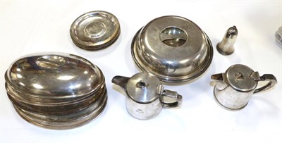 Lot 2135 - Port Line Metalware Group five oval dish covers, two teapots, eight circular dishes 5 1/2''...