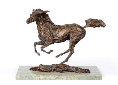 Lot 1165 - Gill Wiles (b.1942): Bronze Figure of a Galloping Horse, on a rocky base, onyx plinth, signed...