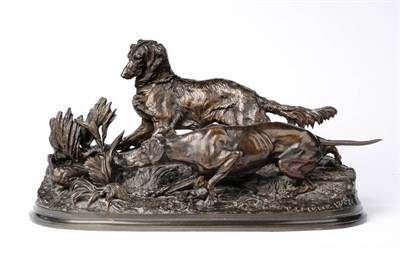 Lot 1167 - Pierre-Jules Mene (1810-1879): "Chasse à la Perdrix", bronze group of two dogs flushing out a bird