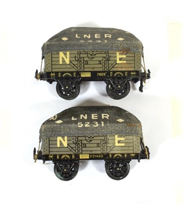 Lot 2210 - Bing O Gauge Two NE Tarpaulin Wagons one numbered 75923 the other 231462, both with LNER 5231...