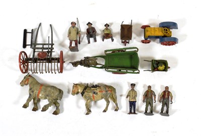 Lot 2260 - Dinky 22e Tractor yellow/blue (G) together with a small collection of Britains farm figures and...