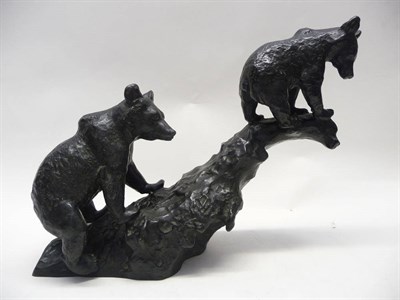 Lot 1178 - A German Bronze Group, 20th century, as two bears walking along a tree stump, GUD GIESSERT...