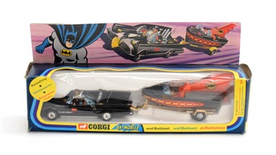 Lot 2278 - Corgi Gift Set 3 Batmobile And Batboat trailer with Whizzwheels (E box G)