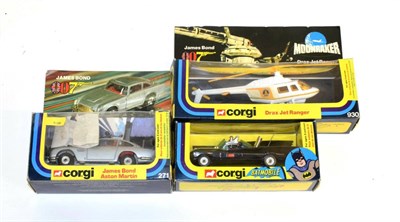 Lot 2280 - Corgi TV Related Models 267 Batmobile, 930 Drax Jet Ranger and 271 James Bond Aston Martin DB5, all