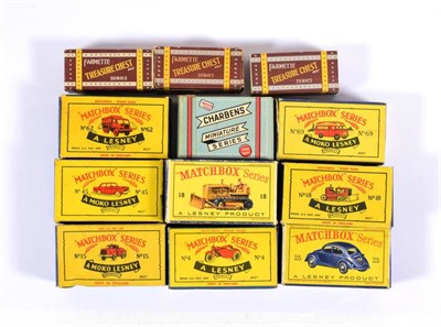 Lot 2302 - Matchbox 1-75's Empty Boxes including 15 Prime mover, 25 VW Sedan, 2x18 Caterpillar bulldozer...