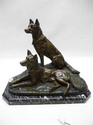 Lot 1181 - Albert Laplanche (1854-1935): A Bronze Group of Two German Shepherd Dogs, one seated, one...