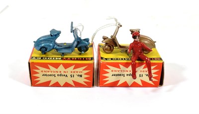 Lot 2308 - Benbros Mighty Midgets No.15 Vespa Scooter (i) gold body with red figure (ii) metallic blue,...