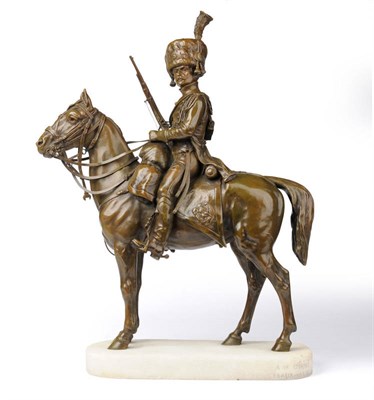 Lot 1182 - A de Geriké, "En Vedette", A Bronze French First Empire Horse Guard, the white marble base...