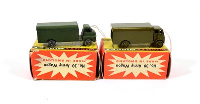 Lot 2323 - Benbros Mighty Midgets No.30 Army Wagon (i) gloss green, MW (ii) matt green MW (both E boxes...