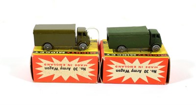 Lot 2324 - Benbros Mighty Midgets No.30 Army Wagon (i) gloss green, MW (ii) matt green MW (both E boxes...