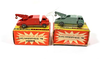 Lot 2325 - Benbros Mighty Midgets No.33 Breakdown Lorry (i) metallic green MW (E box F-G) (ii) bright red...