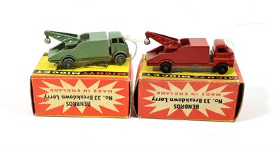 Lot 2326 - Benbros Mighty Midgets No.33 Breakdown Lorry (i) metallic green MW (ii) dark red MW (both E box...