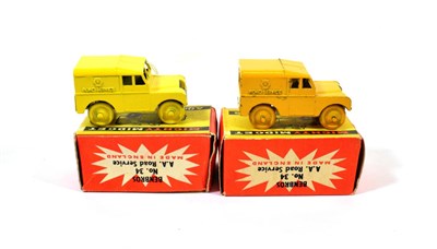 Lot 2327 - Benbros Mighty Midgets No.34 AA Road Service Land Rover (i) light yellow, painted wheels (ii)...