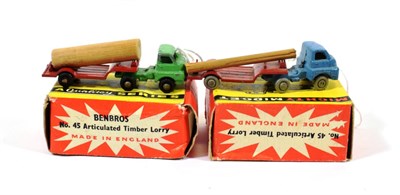 Lot 2341 - Benbros Mighty Midgets No.45 Articulated Timber Lorry (i) blue cab, red trailer MW (ii) green...