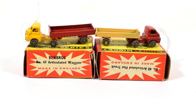 Lot 2345 - Benbros Mighty Midgets No.48 Articulated Flat Truck (i) yellow cab with red radiator, red...