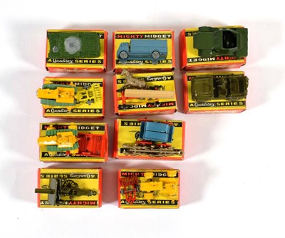 Lot 2352 - Benbros Mighty Midgets Ten Assorted Models 3 Log wagon, 4 Stage coach, 11 Tractor & hay rake,...