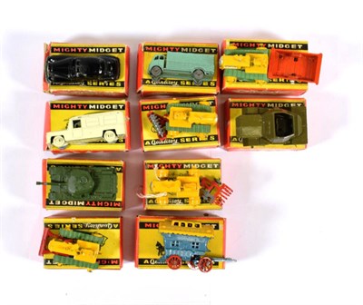 Lot 2353 - Benbros Mighty Midgets Ten Assorted Models 5 Gypsy caravan, 10 Bulldozer, 11 Tractor & hay rake, 12