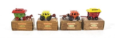 Lot 2361 - Benbros TV Series 2x5 Gypsy caravans one red/yellow, the other green/red; 2xStage coach one orange