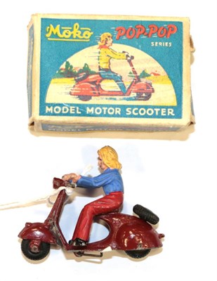 Lot 2370 - Moko Pop-Pop Series Model Motor Scooter brown with rider figure (overall G, some chipping, box G)