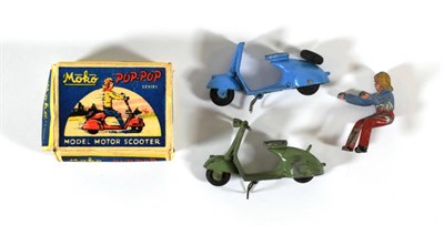 Lot 2371 - Moko Pop-Pop Series Model Motor Scooter green with rider figure (overall G-F, rider F, box G)...