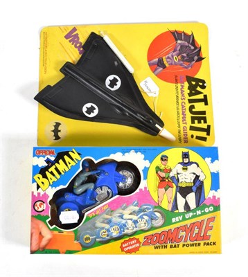 Lot 2378 - Batjet - Batman's Catapult Glider on card (E-G) together with a Batman Zoomcycle (E box E-G) (2)