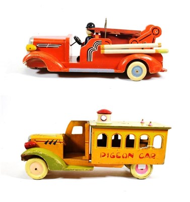 Lot 2395 - Two German (?) Wooden Trucks (i) Pigeon Car 18'', 45cm (ii) Fire engine (both F-G, incomplete) (2)