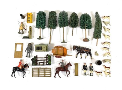 Lot 2423 - Various Figures including Britains Hunt, a deep sea diver, Milk cart, Hornby trees and others