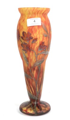 Lot 4 - A French art glass vase, with floral painted decoration signed 'Lysies'