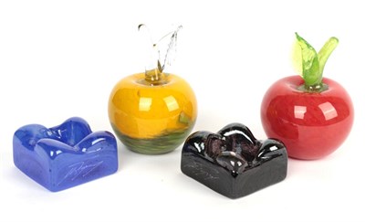 Lot 15 - Mihai Topescu (Romanian) Two art glass apples and two art glass candle holders, signed