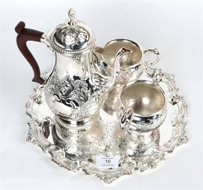 Lot 16 - A three piece electroplated coffee service with tray ensuite, Garrard & Co, late 20th century,...