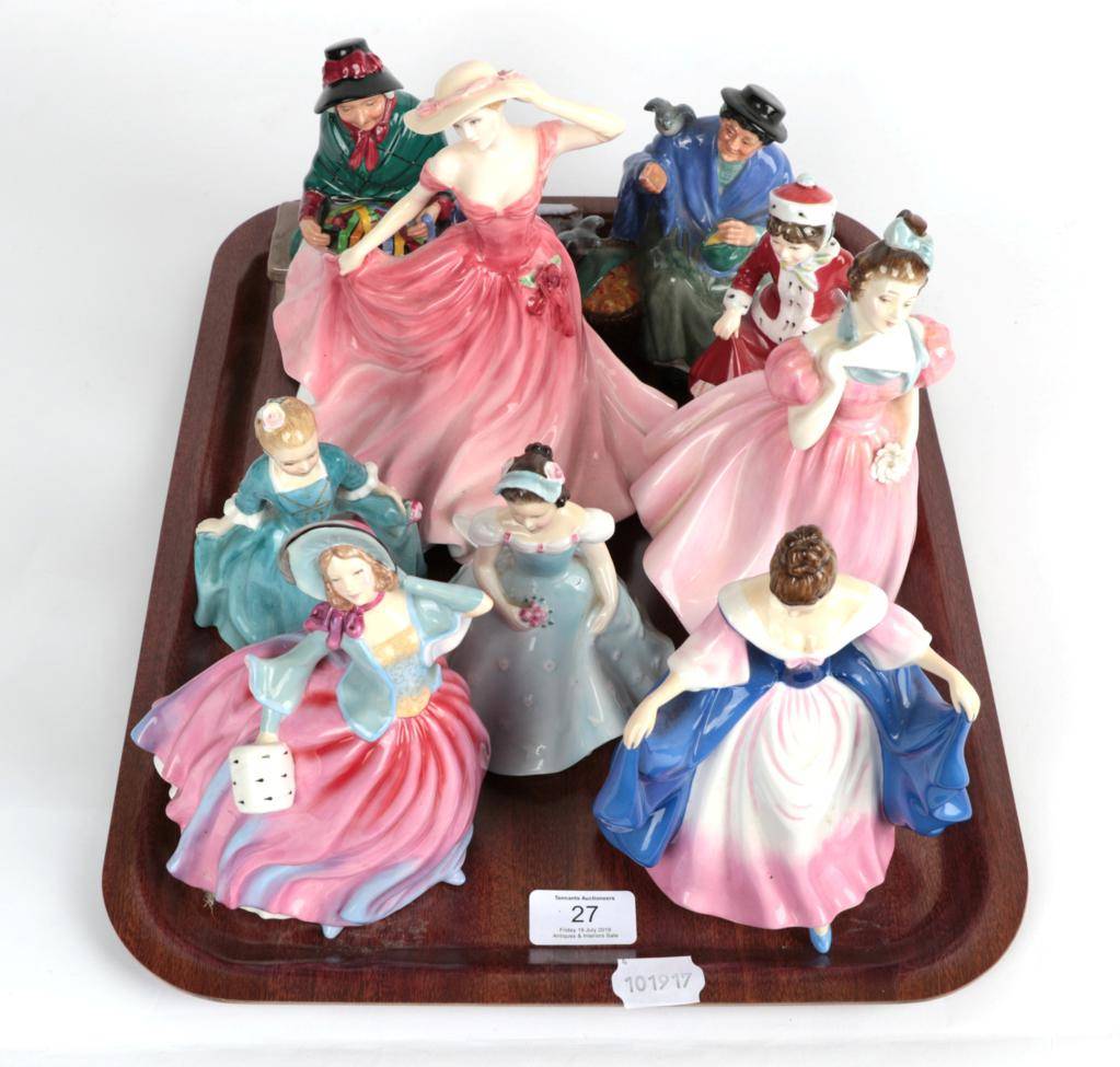 Lot 27 - A group of Royal Doulton figures to include Silks and Ribbons, Tuppence A Bag etc