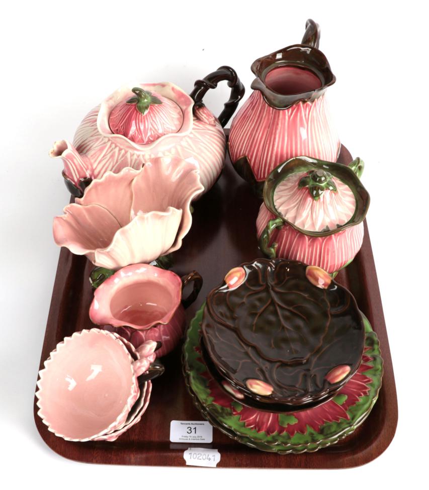 Lot 31 - A 19th century Zsolnay Pecs pink floral tea set comprising teapot, cream, sugar, jug (cover...