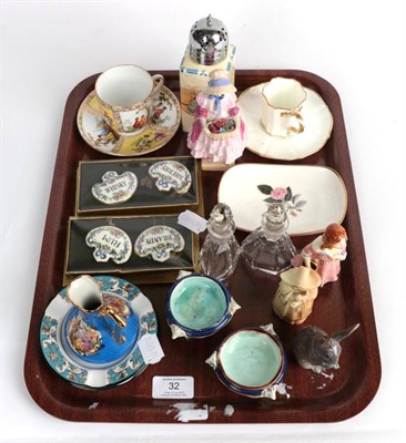 Lot 32 - A tray including four ceramic decanter labels; a Dresden cabinet cup and saucer; a Royal...