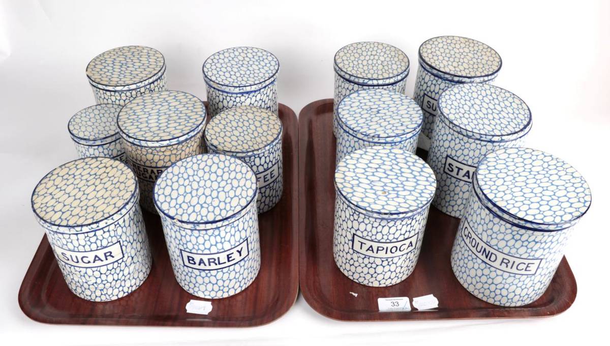 Lot 33 - ^ Two trays of Maling Cobblestone pattern blue and white storage jars: Ground Rice; Starch;...