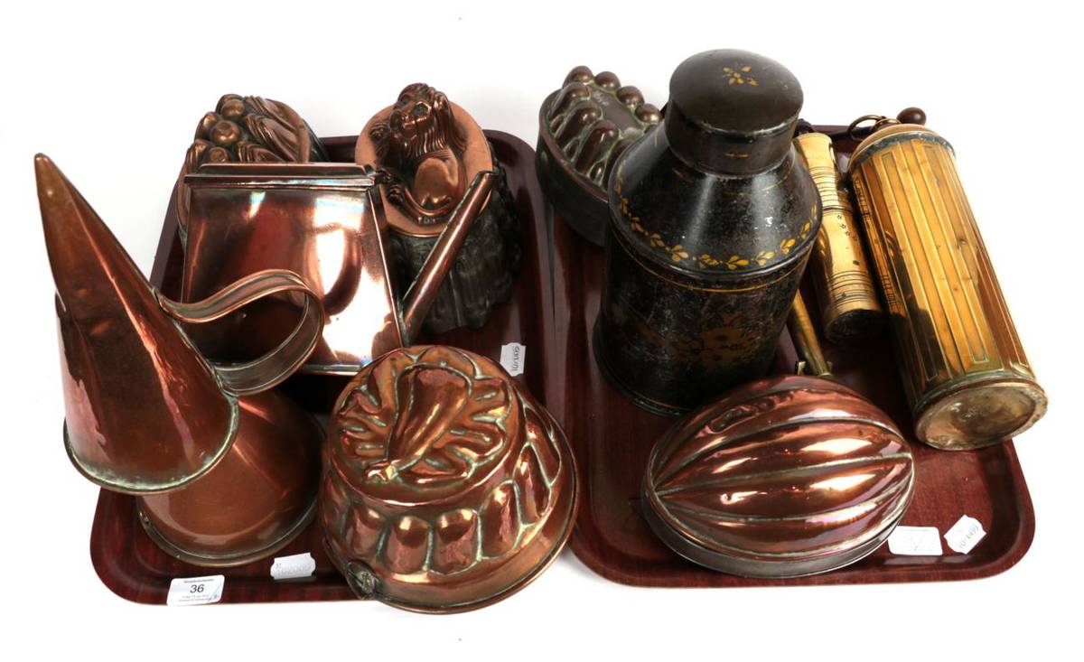 Lot 36 - ^ Two trays of kitchenalia including brass meat spit; copper jelly moulds; funnels etc