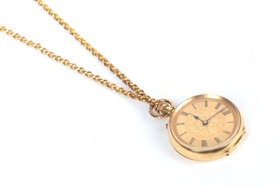 Lot 45 - A lady's fob watch, case stamped '18K', with attached yellow metal chain