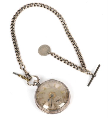 Lot 46 - A silver open faced pocket watch and a silver watch chain