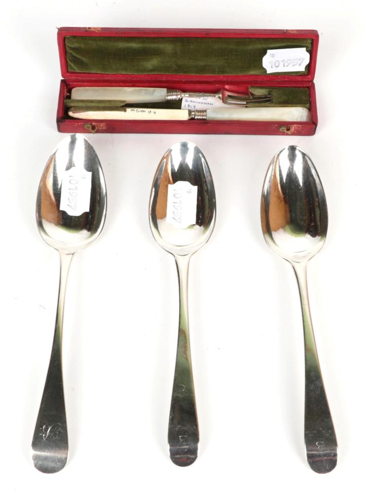 Lot 48 - A pair of George III silver table spoons, Stephen Adams, London 1772; a provincial example,...