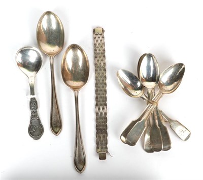 Lot 60 - A silver gate link bracelet, two silver dessert spoons, six silver teaspoons, Norwegian silver...