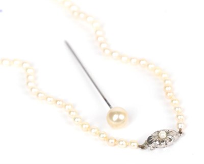 Lot 62 - A graduated cultured pearl necklace, length 42cm; and a simulated pearl stick pin