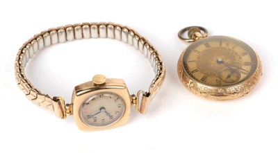 Lot 65 - Fob watch, stamped '18K' in fitted box; and a lady's 9 carat gold wristwatch (2)