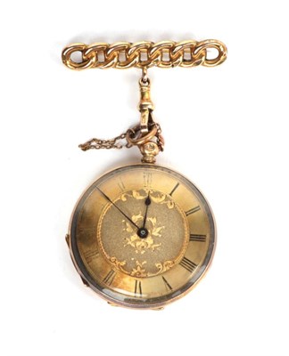 Lot 78 - A lady's fob watch, case stamped '18K', with attached 9 carat gold curb link brooch