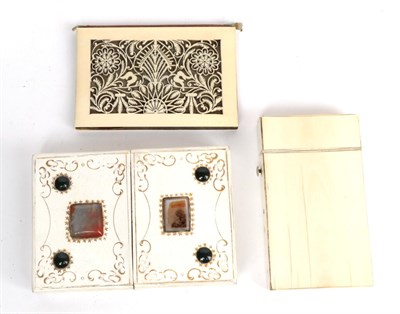 Lot 80 - A late 19th/early 20th century ivory card case decorated with hardstones; a smaller plain ivory...