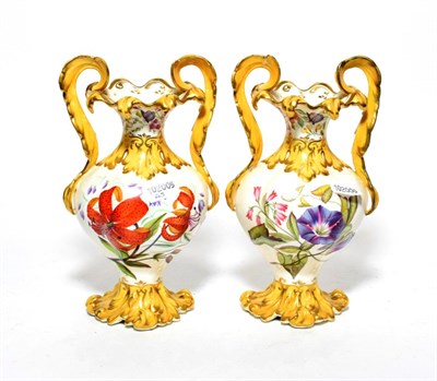 Lot 85 - ^ A pair of 19th century gilded twin-handled vases decorated withy butterflies and flowers,...