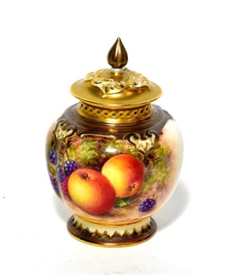 Lot 94 - Royal Worcester china pot pourri jar and cover, painted with fruit, signed 'Freeman'