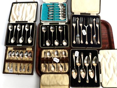 Lot 103 - Six cased sets of silver teaspoons and a cased set of silver forks