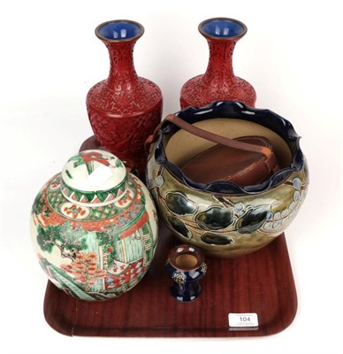 Lot 104 - Pair of Chinese cinnabar vases, Doulton planter, pair of vases, leather box